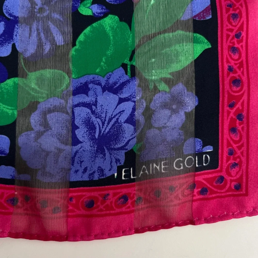 Vintage Elaine Gold Silk Scarf Floral Womens Blue Pink Green Sheer Striped Retro